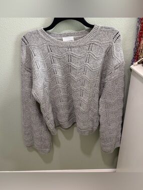 Pink Rose Light Gray Pointelle Crewneck Sweater